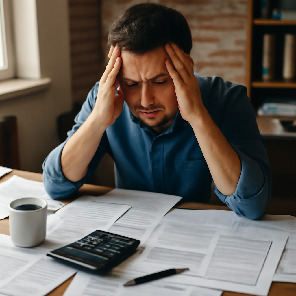 A cluttered desk with papers, calculator, coffee cup, and someone looking stressed over financial documents. This captures the common small business reality before advisory support.