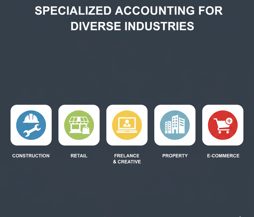 A collage or icon-based graphic showing different industries (construction hard hat, retail storefront, laptop for freelancers, property/buildings, e-commerce shopping cart) to visually represent the diverse sectors that need specialized accounting knowledge.