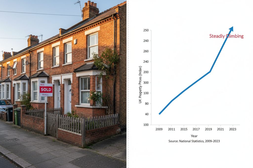UK terraced houses with a sold sign alongside a rising property price graph, illustrating how increasing home values affect inheritance tax planning and common confusion with the term ‘inherent tax’.