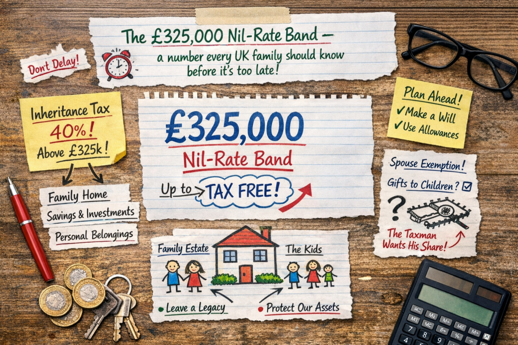 Infographic showing UK nil-rate band frozen at £325,000 since 2009 compared to rising house prices pulling more estates into inheritance tax
