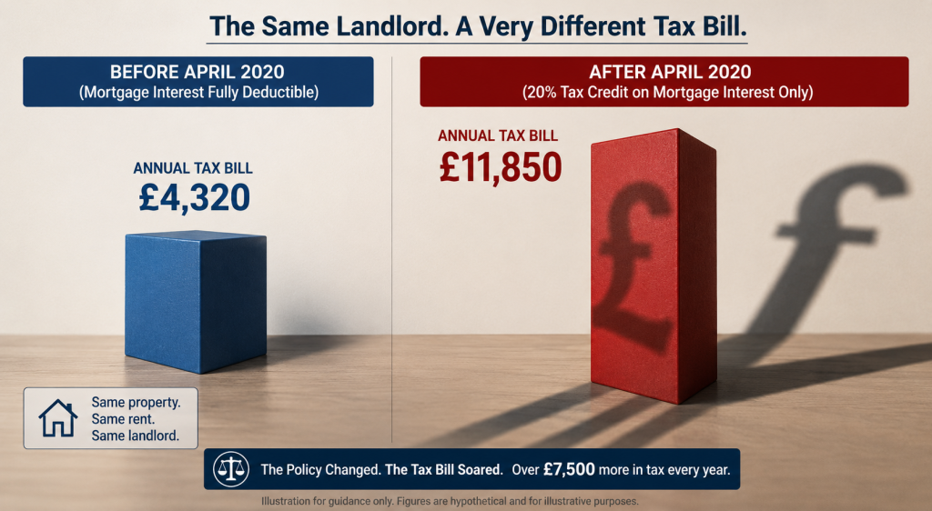 Chart comparing tax on rental income UK landlords pay before and after Section 24 mortgage interest changes