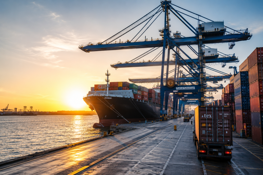 Container ship departing a UK port, representing goods leaving the UK for export VAT purpose