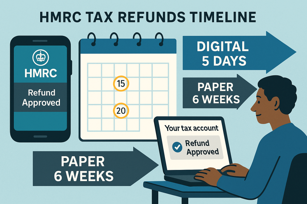 Infographic showing the HMRC tax refunds timeline. A smartphone displays the HMRC app with a 'Refund Approved' notification. A calendar highlights dates, and a business owner is checking their tax account on a laptop with a 'Refund Approved' message on screen. Arrows indicate refund timelines: 'Digital – 5 Days' and 'Paper – 6 Weeks'.