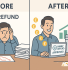 Split-screen illustration showing the impact of a tax refund on a small business owner. On the left side labeled "Before Tax Refund," a stressed man sits at a cluttered desk surrounded by stacks of tax documents and red downward financial charts. On the right side labeled "After," the same man is smiling at a tidy desk with a laptop displaying "HMRC REFUND APPROVED," a rising green bar chart in the background, and British pound symbols flowing from left to right, symbolizing improved finances.