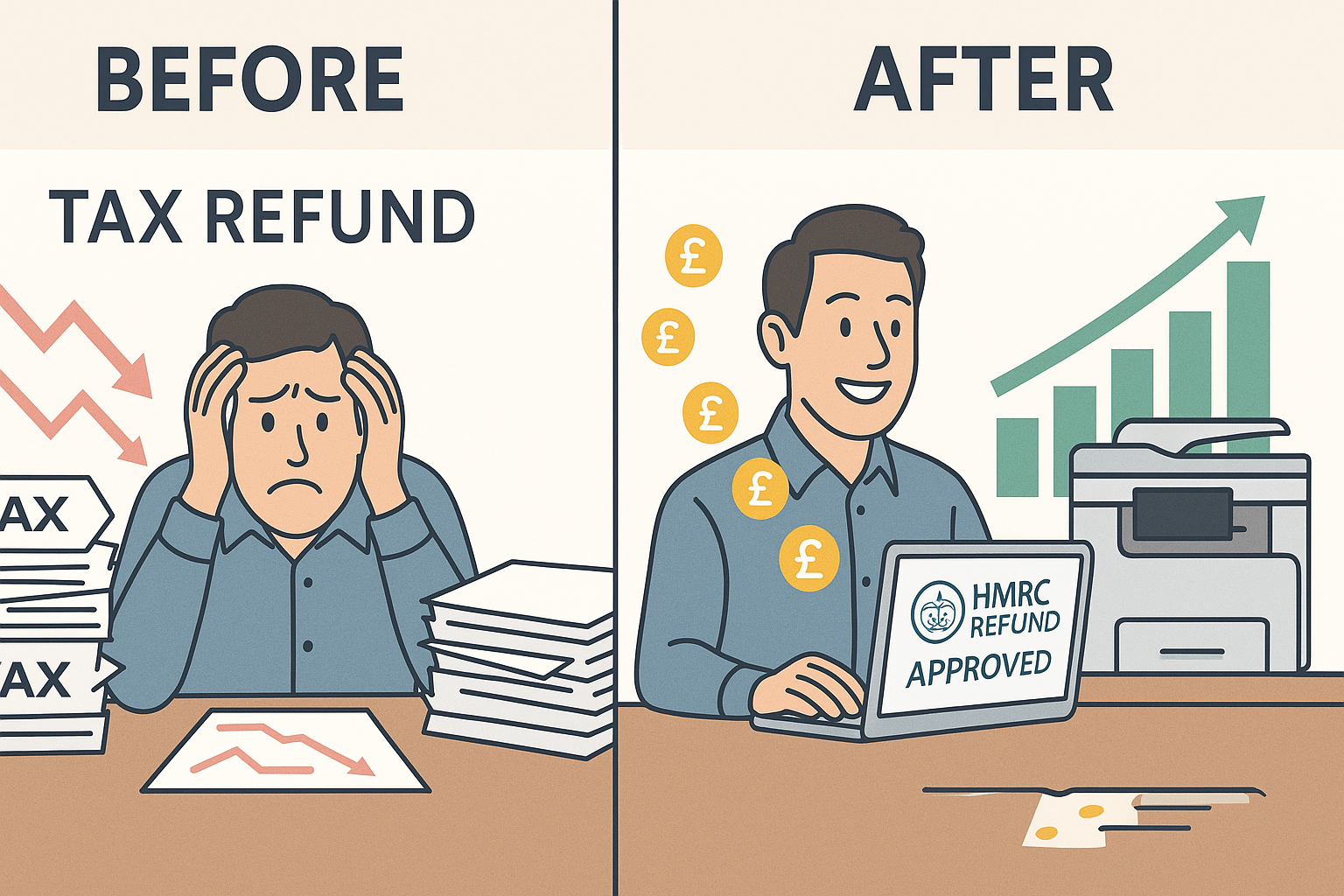 Split-screen illustration showing the impact of a tax refund on a small business owner. On the left side labeled "Before Tax Refund," a stressed man sits at a cluttered desk surrounded by stacks of tax documents and red downward financial charts. On the right side labeled "After," the same man is smiling at a tidy desk with a laptop displaying "HMRC REFUND APPROVED," a rising green bar chart in the background, and British pound symbols flowing from left to right, symbolizing improved finances.
