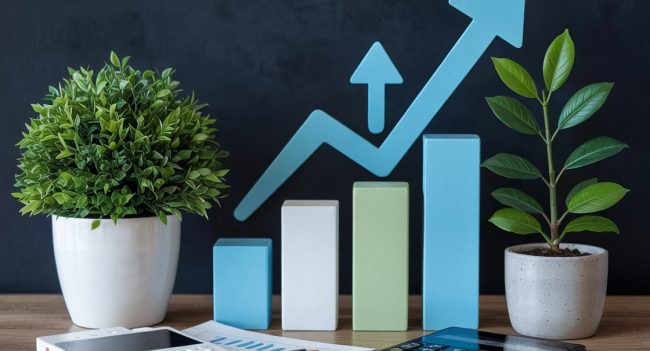 Business growth concept with ascending bar chart and upward trending arrow in blue and green, flanked by small potted plants. Financial documents, calculator, and pen in foreground on wooden desk, symbolizing accounting practices driving sustainable business growth.