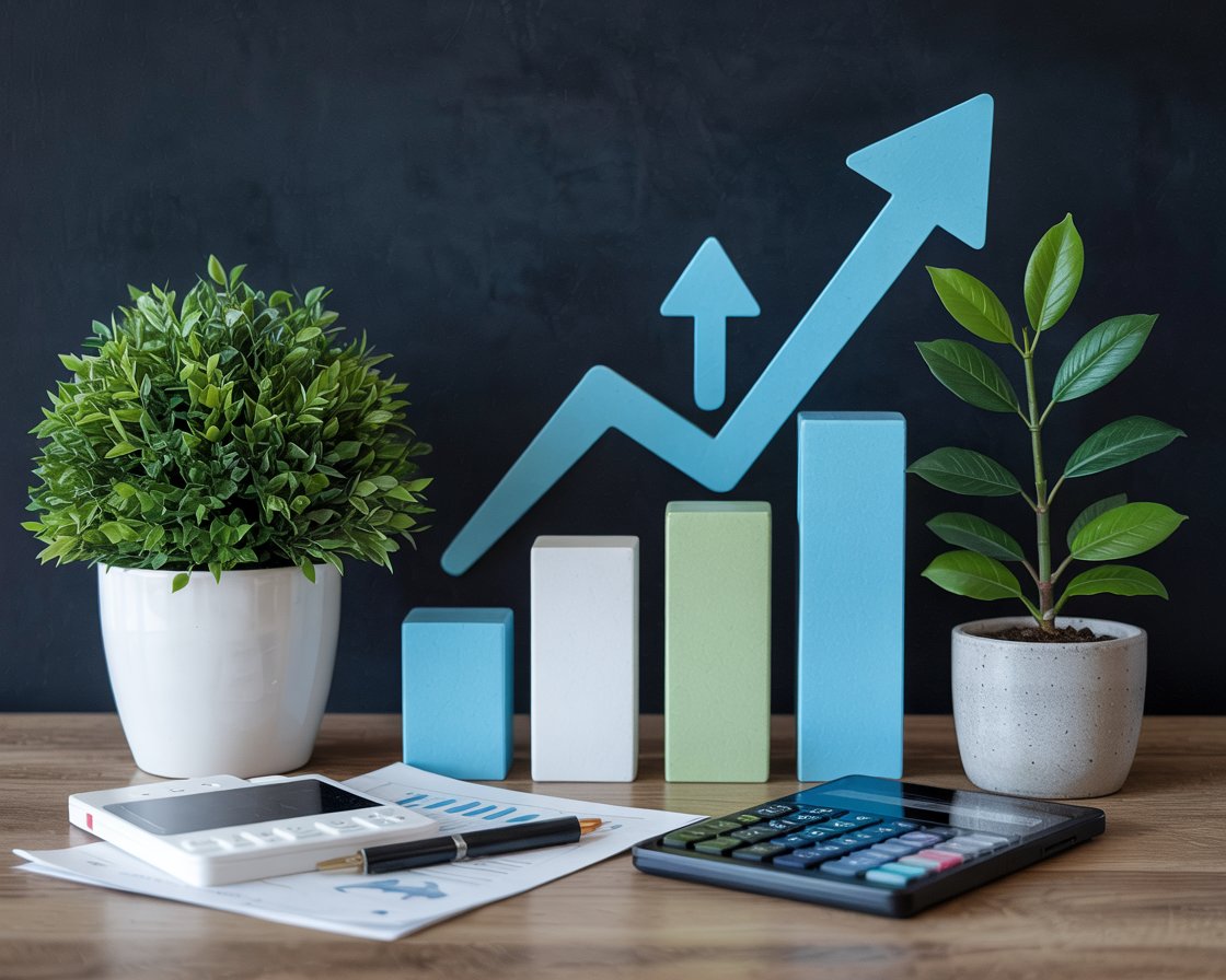 Business growth concept with ascending bar chart and upward trending arrow in blue and green, flanked by small potted plants. Financial documents, calculator, and pen in foreground on wooden desk, symbolizing accounting practices driving sustainable business growth.