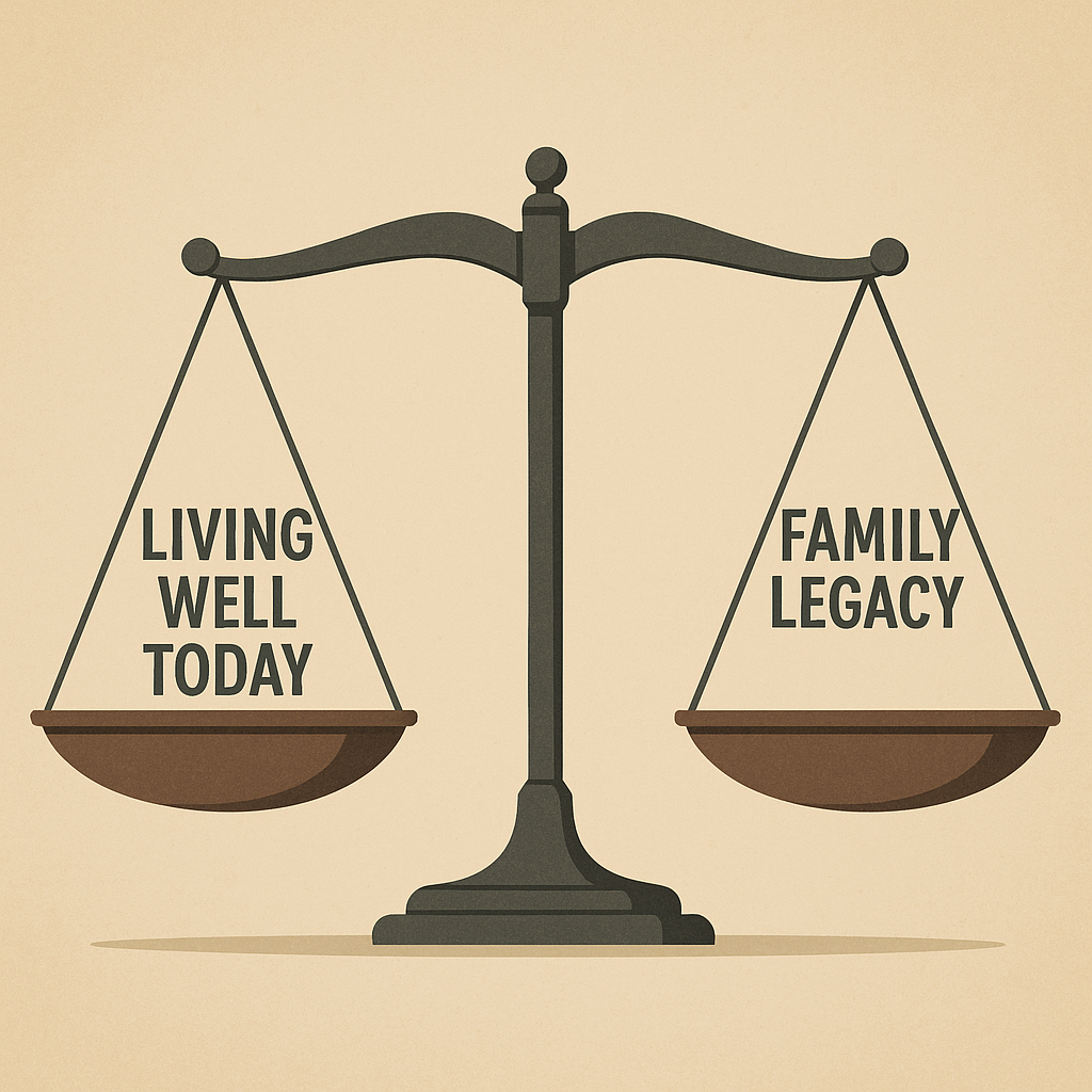 A balanced scale showing 'LIVING WELL TODAY' on the left side and 'FAMILY LEGACY' on the right side, perfectly equilibrated. The minimalist illustration on a beige background represents the key challenge in inheritance tax planning: finding the right balance between enjoying one's wealth during lifetime and preserving assets for future generations.