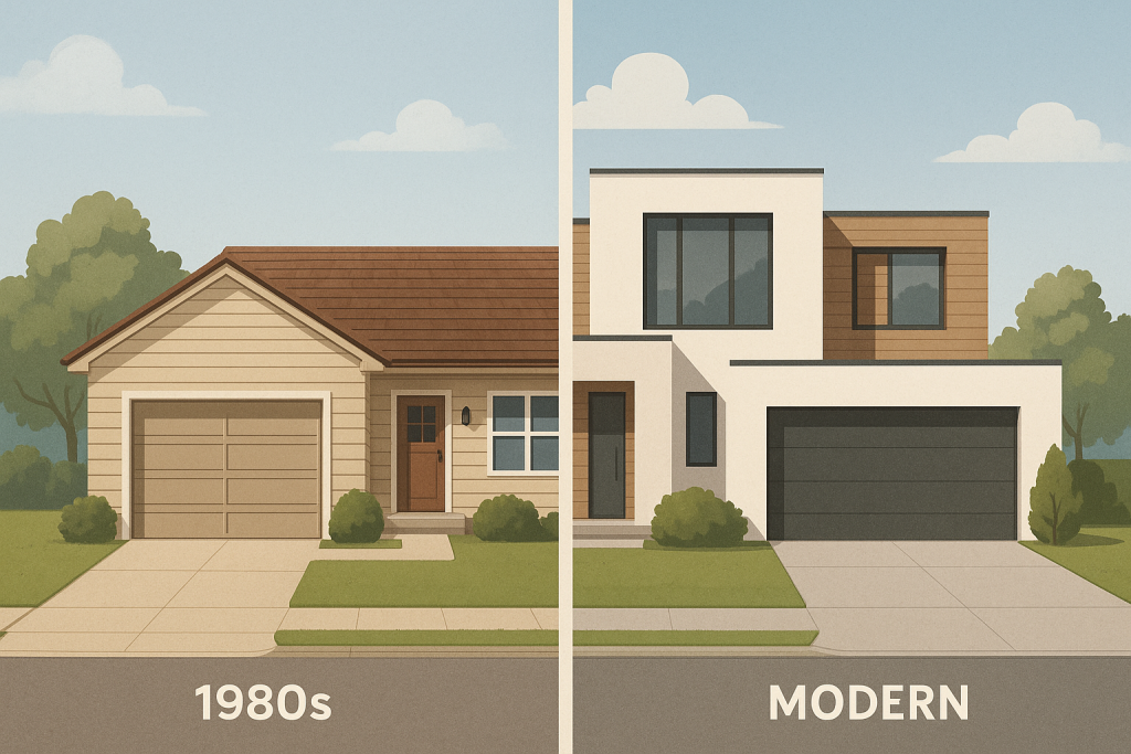 A side-by-side comparison of residential property values over time. On the left, a modest 1980s single-story home with traditional design features and a single garage. On the right, a larger, contemporary modern home with a minimalist aesthetic, larger windows, and a double garage. The image illustrates how property values have dramatically increased over time, pushing more estates over the inheritance tax threshold despite unchanged tax bands.