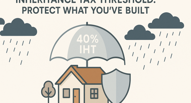 A minimalist illustration of a family home partially covered by a semi-transparent umbrella labeled "40% IHT", with dark rain clouds raining over the exposed part of the house. Overlay text at the top reads: "INHERITANCE TAX THRESHOLD: PROTECT WHAT YOU'VE BUILT".