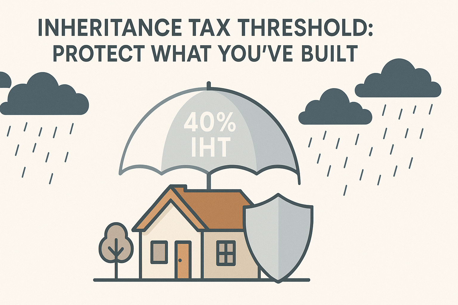 A minimalist illustration of a family home partially covered by a semi-transparent umbrella labeled "40% IHT", with dark rain clouds raining over the exposed part of the house. Overlay text at the top reads: "INHERITANCE TAX THRESHOLD: PROTECT WHAT YOU'VE BUILT".