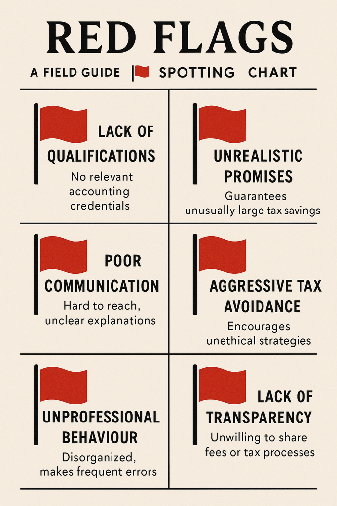 A 2D digital infographic titled "RED FLAGS: A Field Guide | Spotting Chart" displays six warning signs of questionable accounting services, each marked with a red flag. The signs include: “Lack of Qualifications” (no relevant accounting credentials), “Unrealistic Promises” (guarantees unusually large tax savings), “Poor Communication” (hard to reach, unclear explanations), “Aggressive Tax Avoidance” (encourages unethical strategies), “Unprofessional Behaviour” (disorganized, frequent errors), and “Lack of Transparency” (unwilling to share fees or tax processes). The layout is clean and grid-based, with bold text and clear icons for easy readability.
