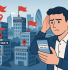 A digital illustration shows a confused Caucasian man in a navy suit holding a smartphone displaying a search for “accountants near me.” Behind him, a stylized London cityscape features landmarks like Big Ben, the Gherkin, and the London Eye. Several office buildings labeled “ACCOUNTANTS” are marked with red location pins, and some have red flags rising from them, symbolizing warnings. The color scheme uses business-like blues and grays, with red used prominently for caution, conveying the message about being selective when choosing local accounting services.