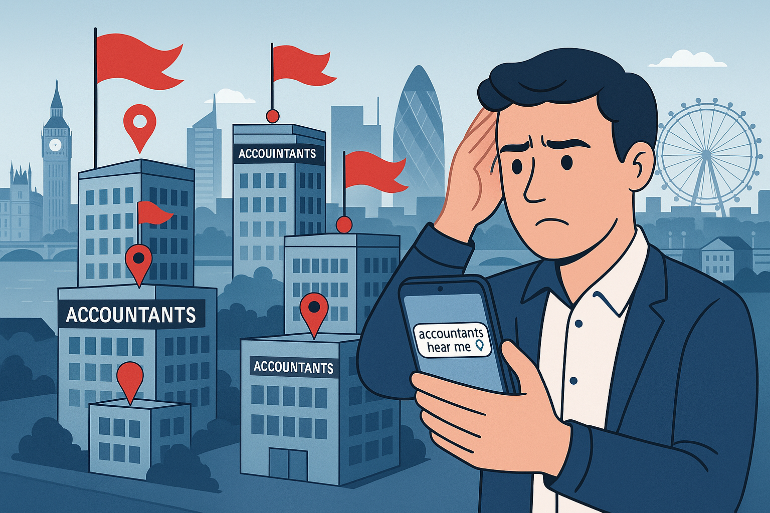 A digital illustration shows a confused Caucasian man in a navy suit holding a smartphone displaying a search for “accountants near me.” Behind him, a stylized London cityscape features landmarks like Big Ben, the Gherkin, and the London Eye. Several office buildings labeled “ACCOUNTANTS” are marked with red location pins, and some have red flags rising from them, symbolizing warnings. The color scheme uses business-like blues and grays, with red used prominently for caution, conveying the message about being selective when choosing local accounting services.