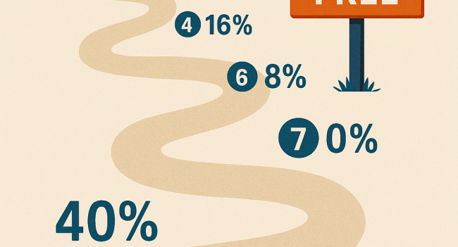 Infographic showing the seven-year IHT tax reduction path: 40% tax rate in year 1, decreasing to 24% after 2 years, 16% after 4 years, 8% after 6 years, and reaching 0% tax free status after 7 years.