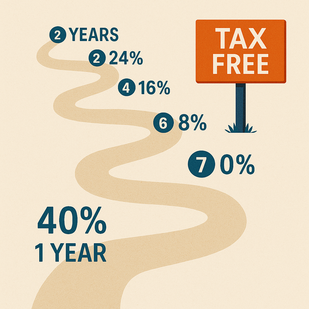 Infographic showing the seven-year IHT tax reduction path: 40% tax rate in year 1, decreasing to 24% after 2 years, 16% after 4 years, 8% after 6 years, and reaching 0% tax free status after 7 years.