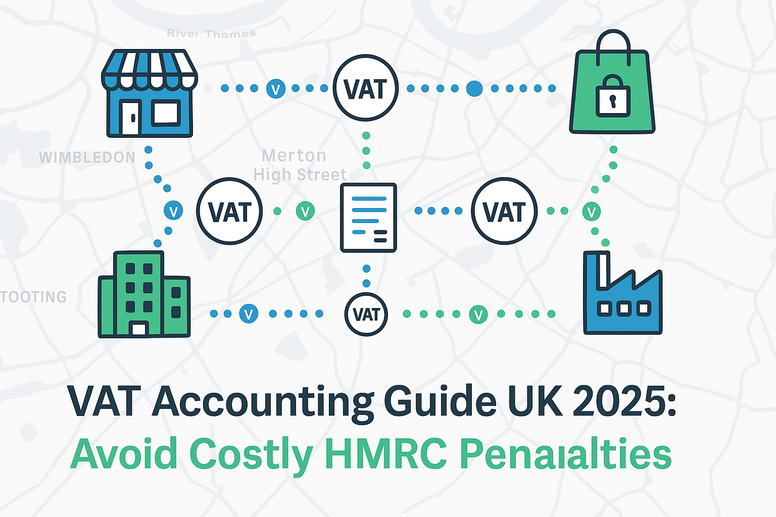A clean, stylized map of London focused on the Merton High Street area, with business icons such as a shop, office building, shopping bag, and factory connected by VAT-labeled data streams. Blue and green dotted lines represent HMRC-related VAT flows. Bold text at the bottom reads: “VAT Accounting Guide UK 2025: Avoid Costly HMRC Penalties.” The design uses HMRC blue and accounting green, optimized for social sharing and mobile visibility.