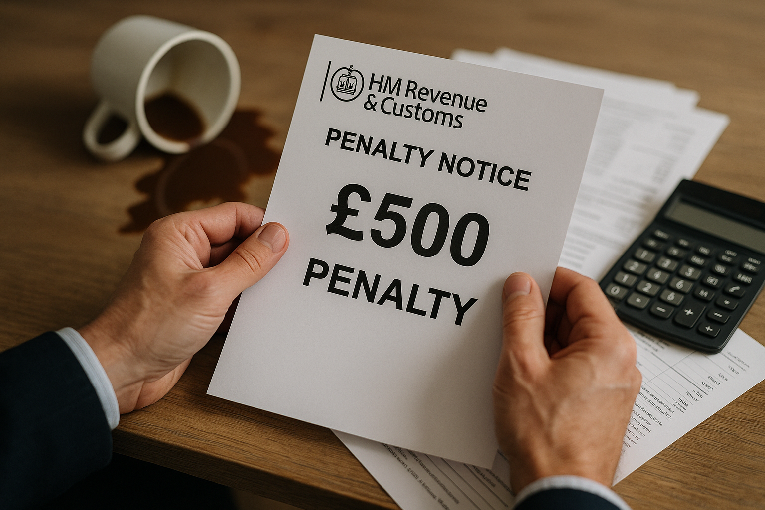 A close-up of a businessperson's hands holding an HMRC penalty notice showing a £500 fine. In the background, a coffee mug has tipped over, spilling coffee on the wooden desk. A calculator and scattered paperwork are also visible, emphasizing a stressful financial situation.