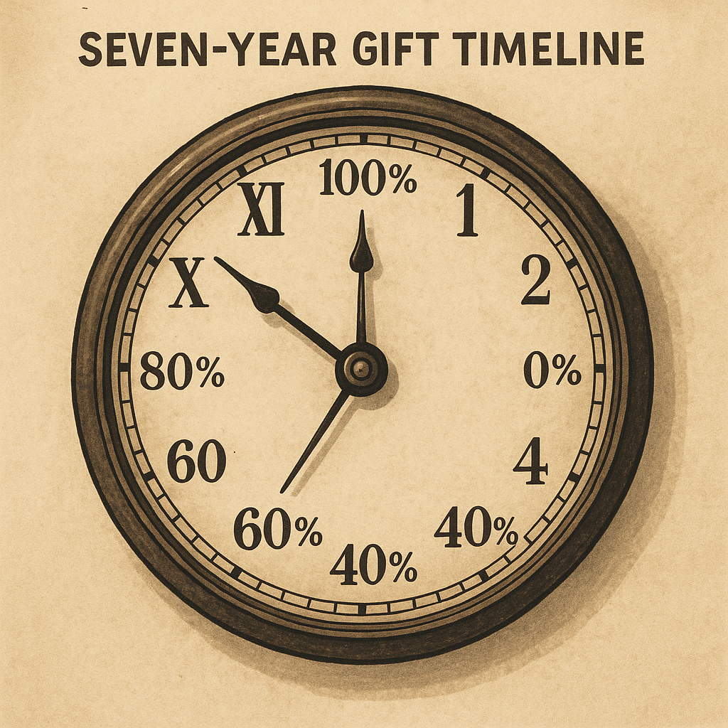 Vintage-style clock labeled 'Seven-Year Gift Timeline' with tax relief percentages marked at intervals around the clock face, illustrating taper relief—100% at 0 years, gradually decreasing to 0% by 7 years.