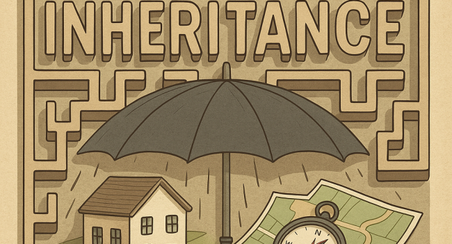 Inheritance Tax Guide featured image showing a protective umbrella sheltering a family home from rain, with a compass and map on a vintage paper background. The word 'INHERITANCE' appears prominently within a maze pattern, symbolizing the complexity of inheritance planning and the need for expert navigation through tax regulations to protect family assets.