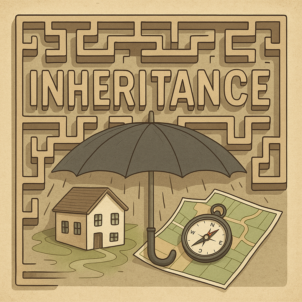 Inheritance Tax Guide featured image showing a protective umbrella sheltering a family home from rain, with a compass and map on a vintage paper background. The word 'INHERITANCE' appears prominently within a maze pattern, symbolizing the complexity of inheritance planning and the need for expert navigation through tax regulations to protect family assets.