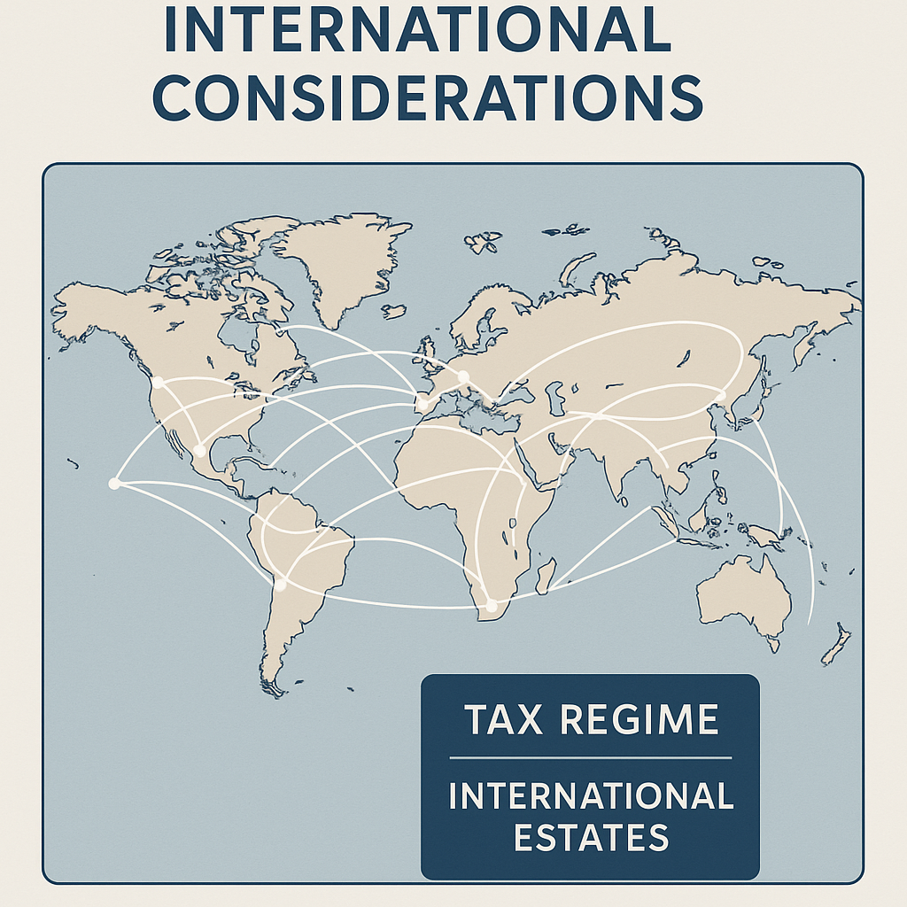 A 2D digital illustration of a world map in beige and light blue tones, with white curved lines connecting various countries, symbolizing the interaction of different tax regimes for international estates. At the top, the heading "INTERNATIONAL CONSIDERATIONS" is prominently displayed, and a labeled box in the bottom right corner reads "TAX REGIME – INTERNATIONAL ESTATES.