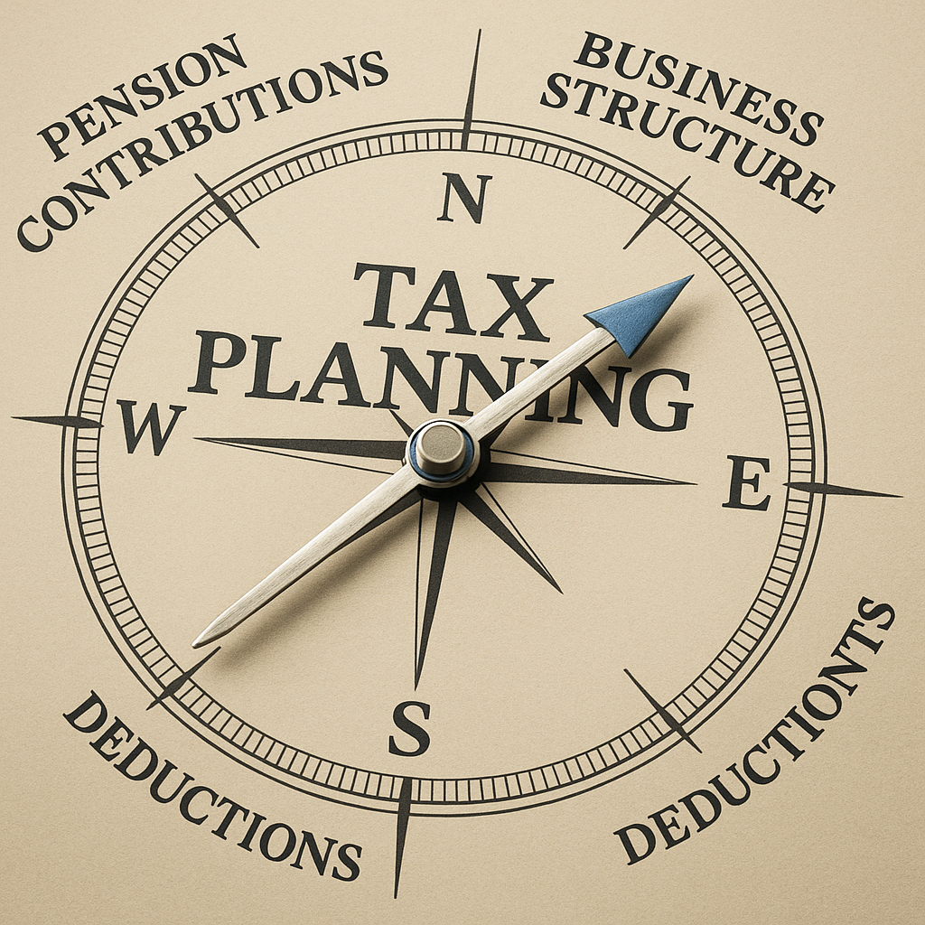 A conceptual image of a traditional compass with the words "TAX PLANNING" in the center. The compass directions are labeled with different tax strategies: "Pension Contributions," "Business Structure," "Investments," and "Deductions," symbolizing guidance in tax planning.