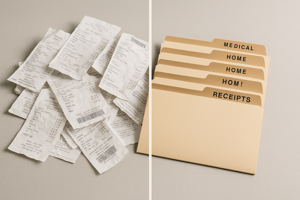 Before and after tax organization: Messy pile of crumpled receipts on the left contrasted with neatly labeled manila folders for 'Medical', 'Home', and 'Receipts' on the right. The perfect visual representation of transforming tax chaos into organized record-keeping.