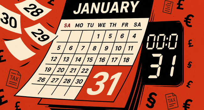 A dramatic digital illustration of a January calendar with the 31st boldly highlighted. Calendar pages appear to be flying off, and a digital countdown timer adds a sense of urgency. Subtle pound (£) symbols and tax-related icons are integrated into the design. The color scheme features red, black, and white, conveying a focused and urgent mood.