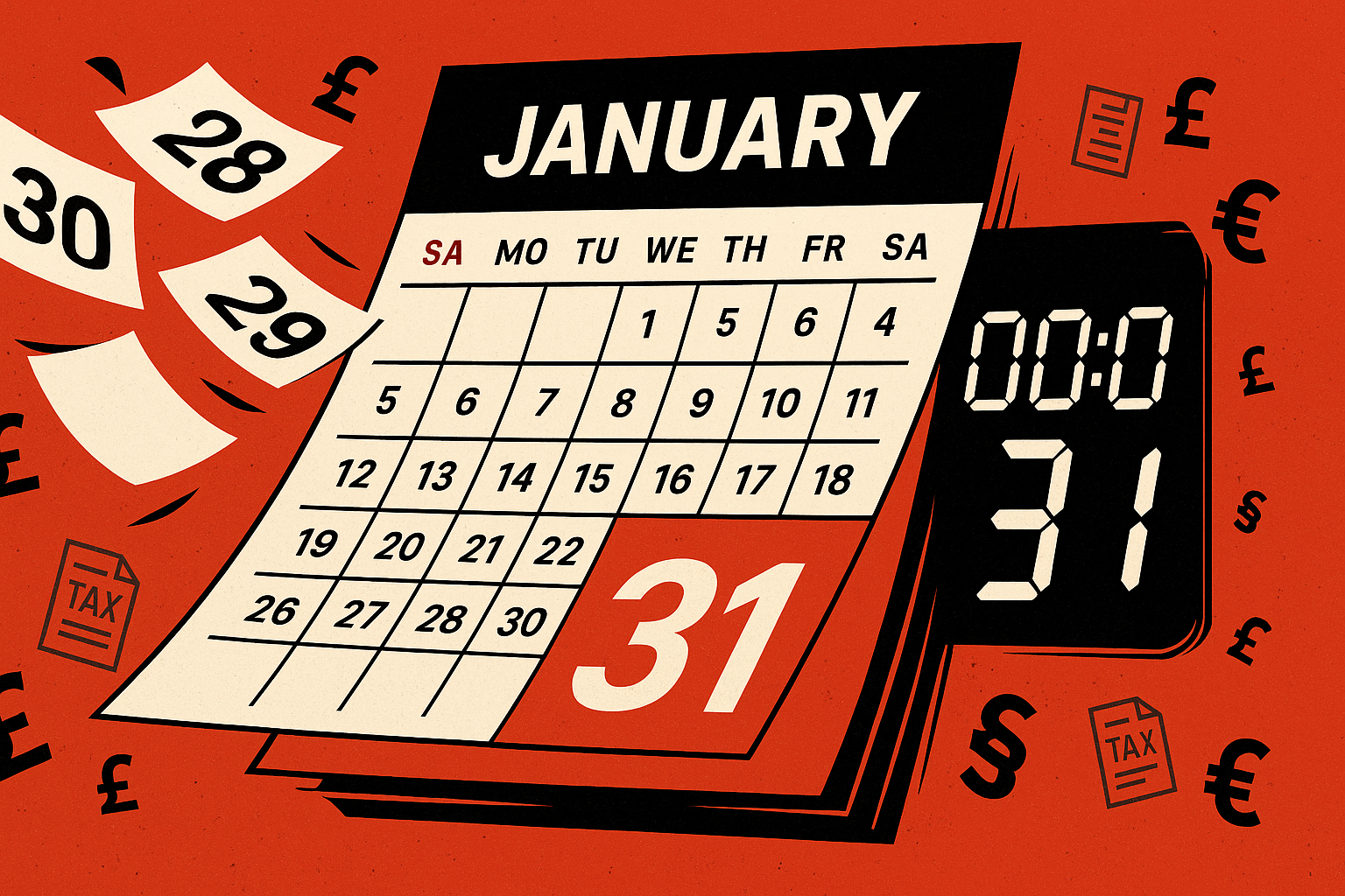 A dramatic digital illustration of a January calendar with the 31st boldly highlighted. Calendar pages appear to be flying off, and a digital countdown timer adds a sense of urgency. Subtle pound (£) symbols and tax-related icons are integrated into the design. The color scheme features red, black, and white, conveying a focused and urgent mood.