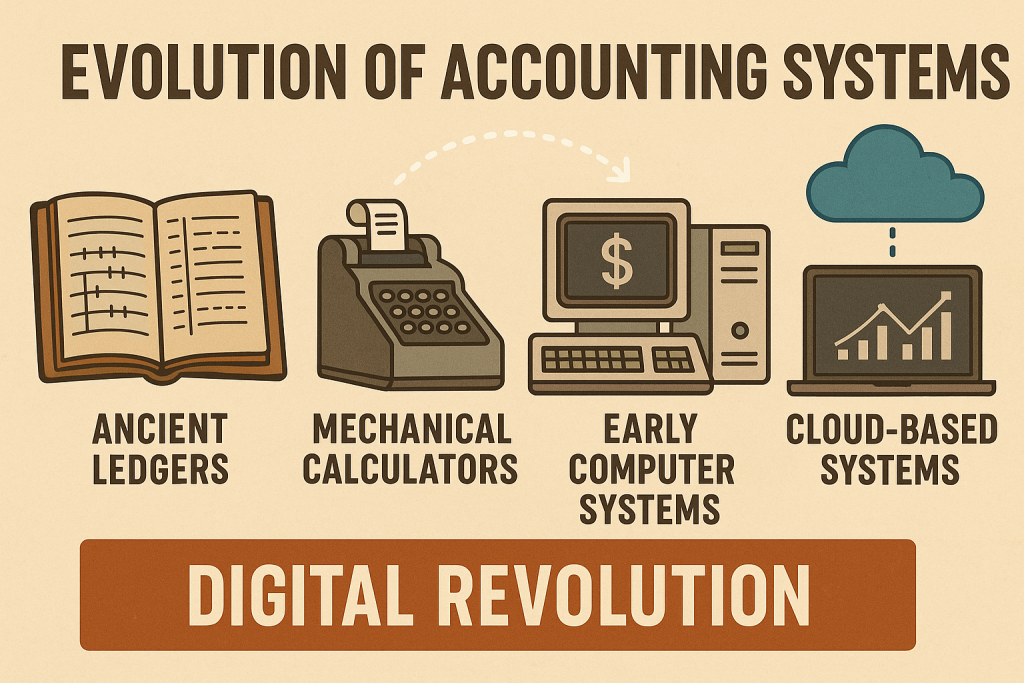 Infographic showing the evolution from ancient ledgers to cloud-based systems, with emphasis on the recent digital revolution.