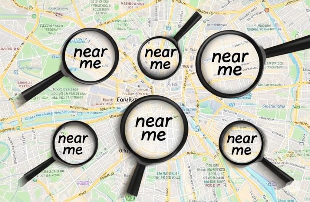 Overhead map of London with multiple magnifying glasses floating above different neighborhoods. Each magnifying glass contains the text "near me," illustrating that proximity can have various meanings in a large city.