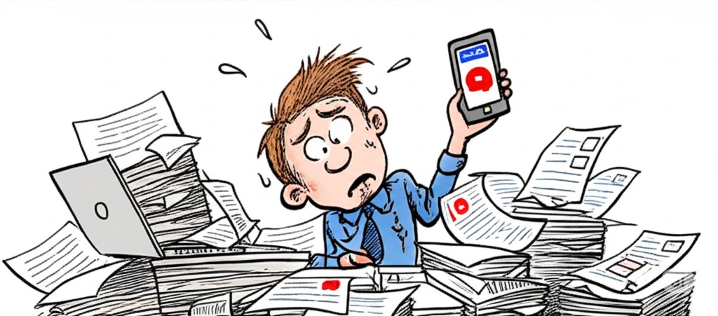 A cartoon illustration shows a stressed business owner with messy brown hair, wearing a blue collared shirt, sitting behind a large desk buried under towering stacks of loose papers and a laptop. They anxiously hold up a smartphone displaying several unanswered message notifications for their accountant, indicated by a speech bubble icon and a red circle with a white exclamation point. Sweat drops are visible above the owner's head, emphasizing their worry and the communication breakdown.