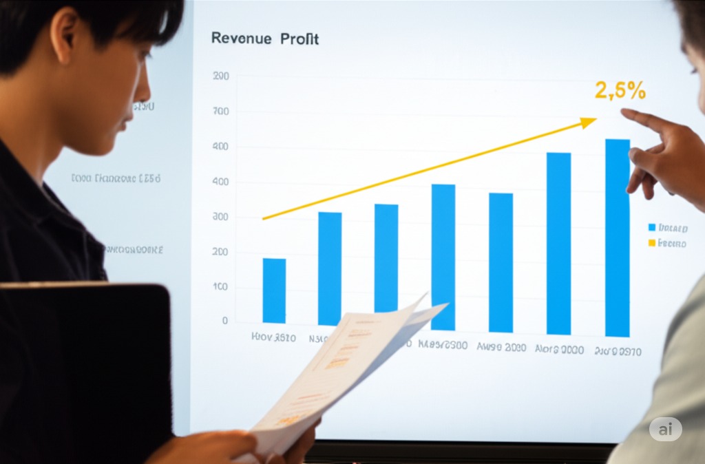 Two business professionals analyzing a revenue and profit chart showing steady growth with a 2.5% increase highlighted by a yellow arrow. One person points at the data while the other holds related financial documents.