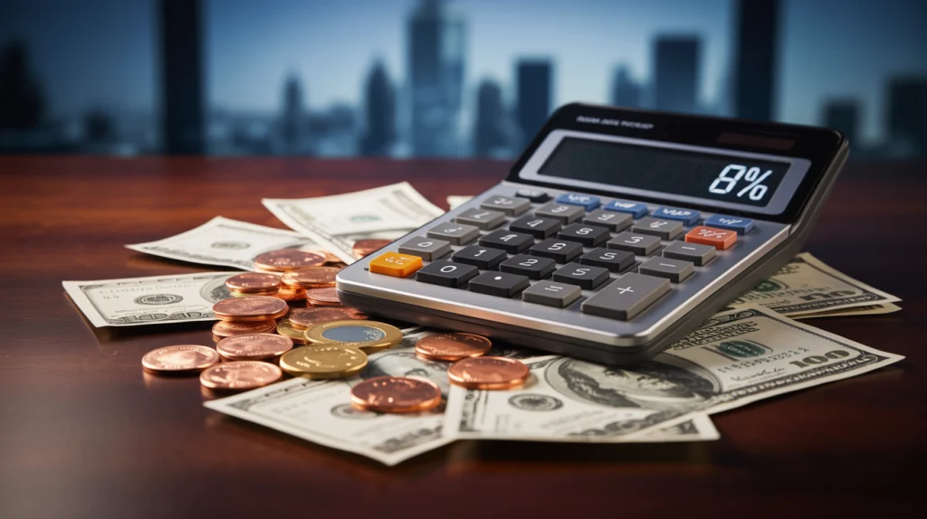 A close-up image of a calculator displaying "8%" on its screen, surrounded by various coins and U.S. dollar bills on a wooden desk. The background features a blurred city skyline, symbolizing financial calculations, pension contributions, or interest rates in a business or retirement planning context.