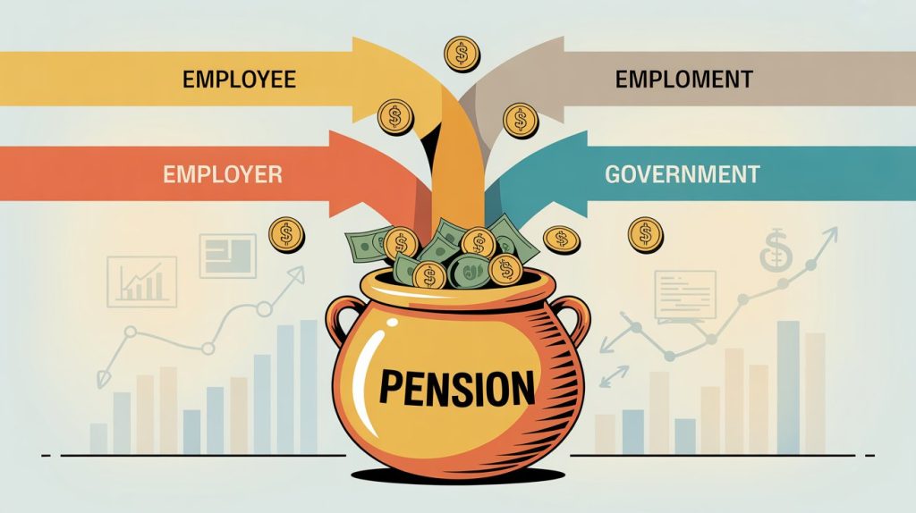 A colorful infographic shows a large golden pot labeled "PENSION" being filled with money and coins from four directional arrows labeled "EMPLOYEE," "EMPLOYER," "GOVERNMENT," and "EMPLOYMENT." The background features graphs and icons representing financial growth, emphasizing the collective contributions that build up a pension fund.