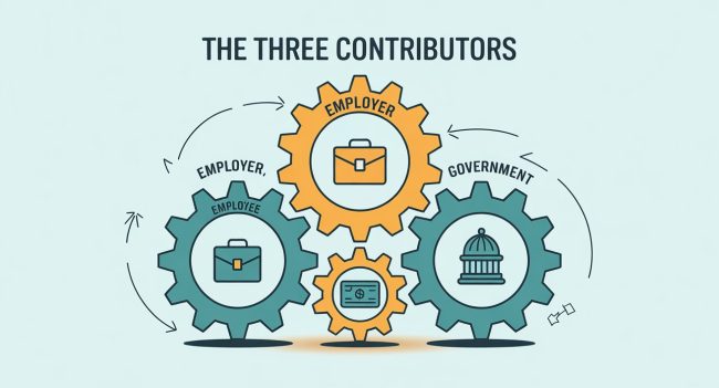 Illustrated diagram showing auto-enrolment's three key contributors as interlocking gears: an orange 'Employer' gear with briefcase icon, a teal 'Employee' gear with portfolio icon, and a teal 'Government' gear with capitol building icon. Curved arrows show how these components work together in the UK pension system. Stylized on light mint background with 'THE THREE CONTRIBUTORS' heading.
