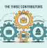 Illustrated diagram showing auto-enrolment's three key contributors as interlocking gears: an orange 'Employer' gear with briefcase icon, a teal 'Employee' gear with portfolio icon, and a teal 'Government' gear with capitol building icon. Curved arrows show how these components work together in the UK pension system. Stylized on light mint background with 'THE THREE CONTRIBUTORS' heading.