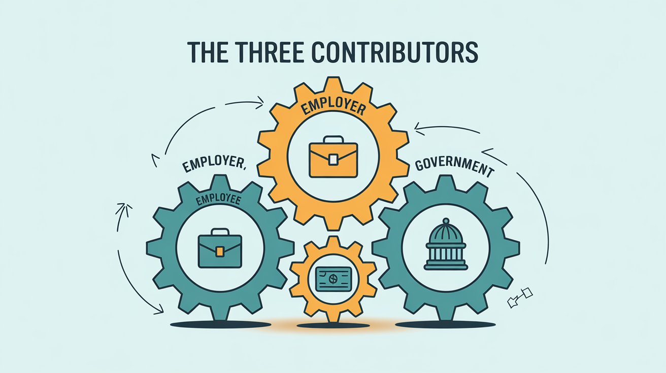 Illustrated diagram showing auto-enrolment's three key contributors as interlocking gears: an orange 'Employer' gear with briefcase icon, a teal 'Employee' gear with portfolio icon, and a teal 'Government' gear with capitol building icon. Curved arrows show how these components work together in the UK pension system. Stylized on light mint background with 'THE THREE CONTRIBUTORS' heading.