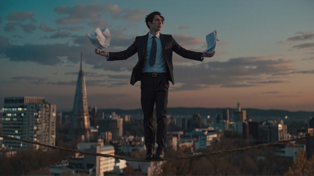 A man in a business suit balances on a tightrope high above a city at sunset, holding scattered sheets of paper in each hand. The city skyline and a tall pointed skyscraper are visible in the background, highlighting the precariousness and stress of managing responsibilities.