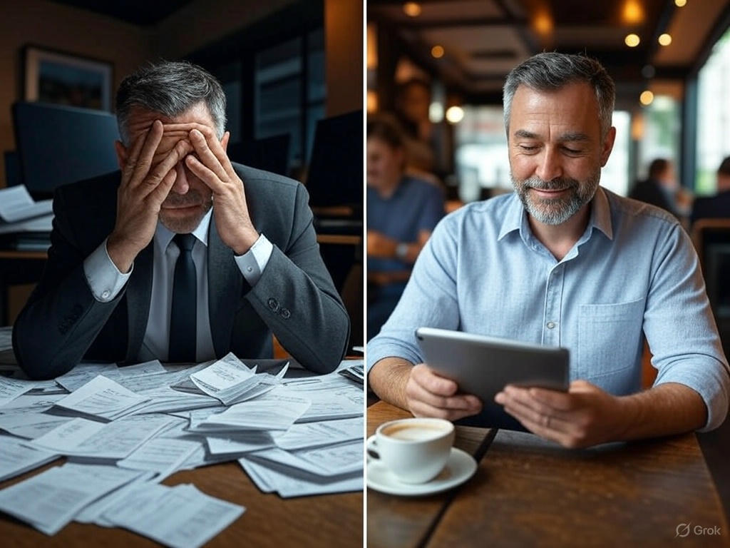 Split-screen comparison of accounting methods: On the left, a stressed businessman in a dark office with hands covering his face, overwhelmed by scattered paper receipts and documents. On the right, the same man looking relaxed and content in a bright café, smiling while managing his finances on a tablet with a coffee beside him. The image visually represents the transition from traditional to cloud accounting and its impact on business owner wellbeing.