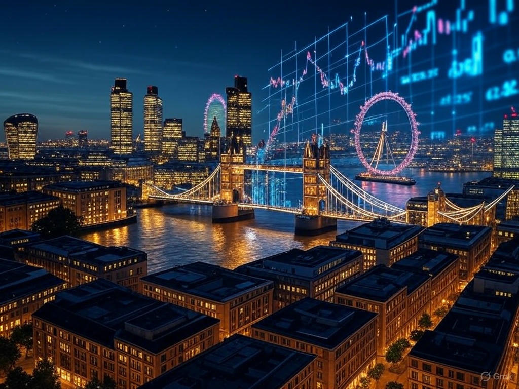 Night-time aerial view of London's skyline featuring iconic landmarks like Tower Bridge and the London Eye illuminated against the dark sky. The image is enhanced with digital financial data overlays including glowing blue graphs, charts, and trend lines projected across the cityscape. This visual representation illustrates how cloud accounting technology integrates with London's dynamic business environment, showing the intersection of traditional architecture and modern digital financial systems.