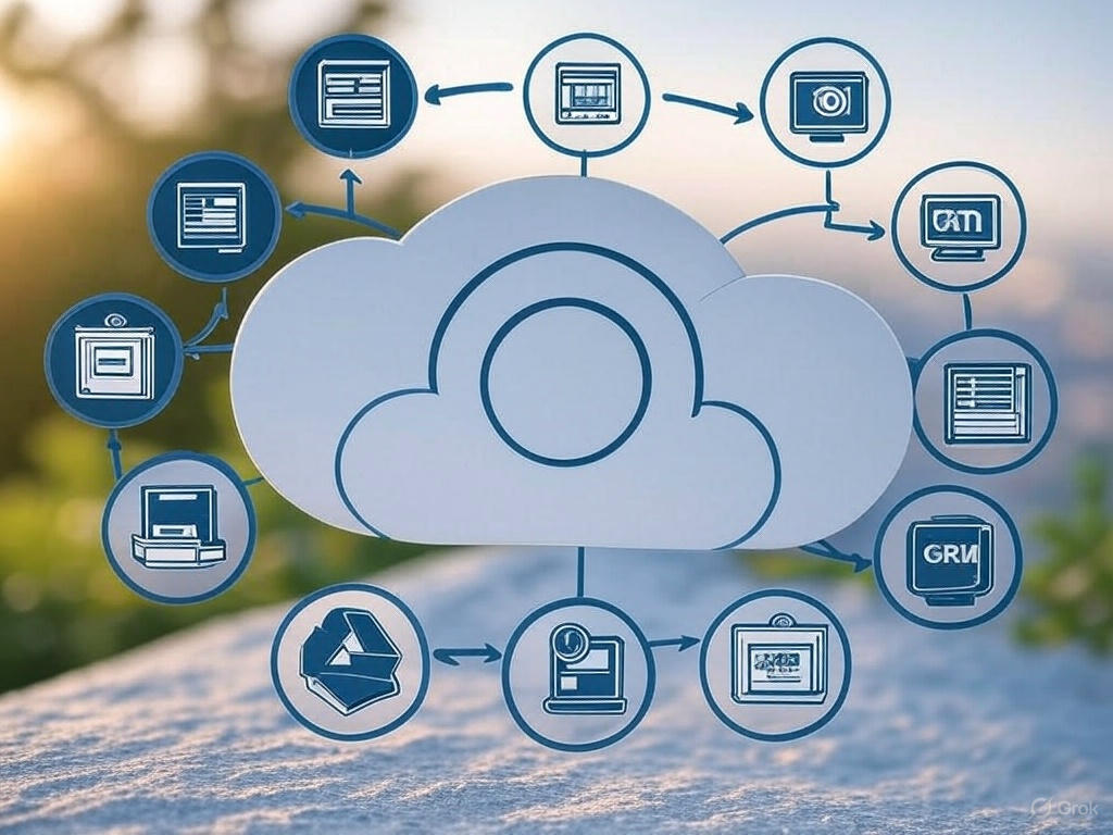 Illustration of a cloud computing concept featuring a large cloud icon at the center connected to various digital service icons, including file storage, document management, email, data sharing, security, media, and system integration, all surrounded by a natural outdoor background with soft sunlight.