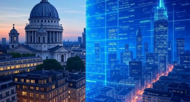 Split image showing a contrast between classical and modern cityscapes: the left side features traditional European architecture with a historic domed building at dusk, while the right side depicts a futuristic digital city with glowing blue skyscrapers and data-like grid overlays, symbolizing the transition from physical to digital infrastructure.