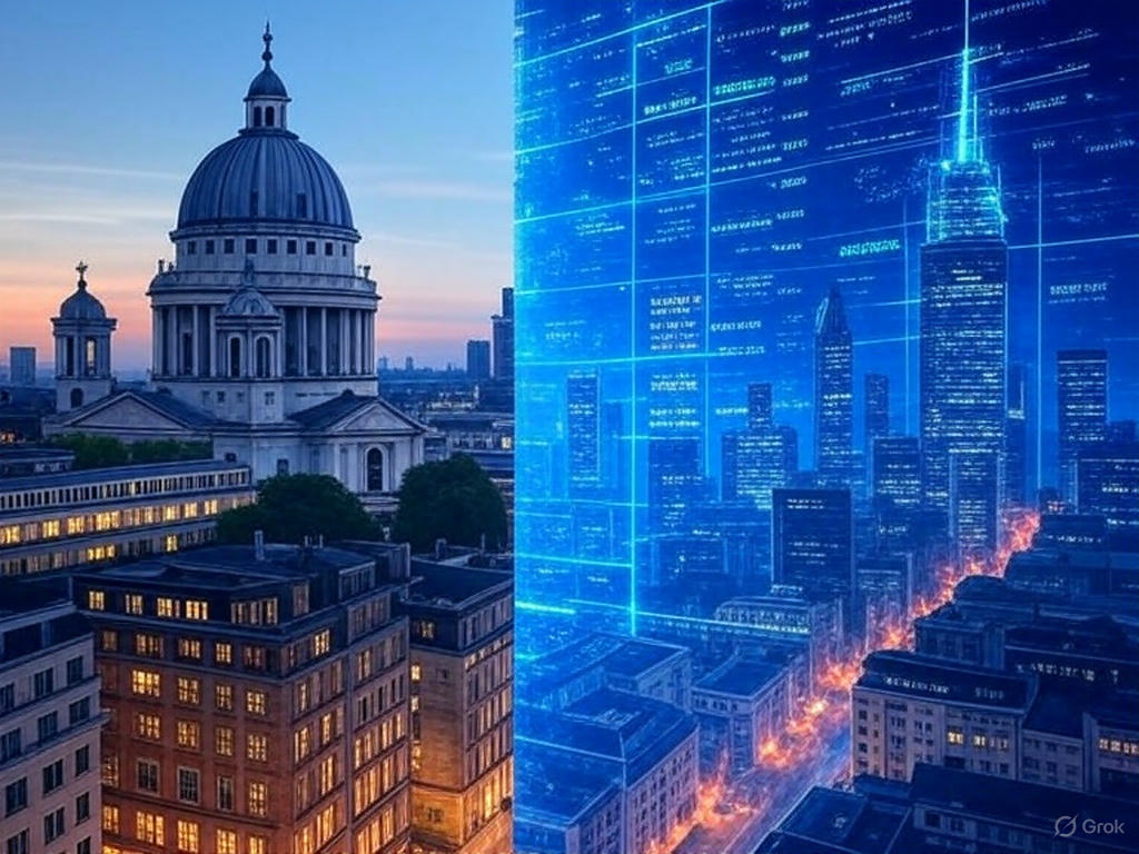 Split image showing a contrast between classical and modern cityscapes: the left side features traditional European architecture with a historic domed building at dusk, while the right side depicts a futuristic digital city with glowing blue skyscrapers and data-like grid overlays, symbolizing the transition from physical to digital infrastructure.
