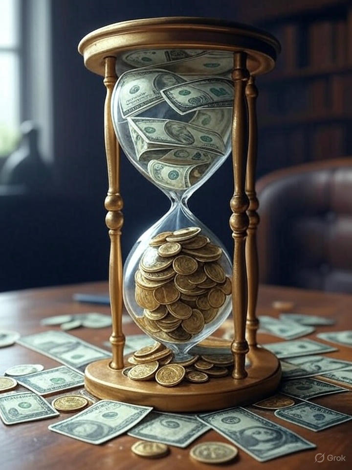 An elegant hourglass filled with money, where dollar bills in the upper chamber are transforming into gold coins in the lower chamber. The hourglass sits on a wooden desk scattered with dollar bills and coins, symbolizing the passage of time in inheritance tax planning and wealth preservation. The image evokes the urgency of proper estate planning before time runs out