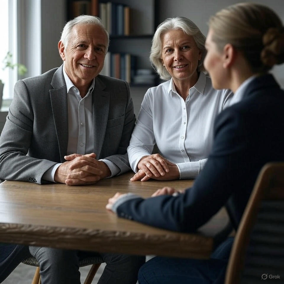 Senior couple smiling during consultation with financial advisor about iht tax planning and estate management strategies.