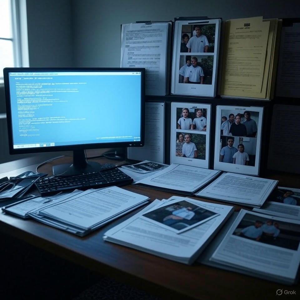 A split-screen image in a square format. On the left side, a computer monitor shows a blue error screen with text. On the right side, a desk is covered with organized evidence files, including folders and photographs, under soft lighting.
