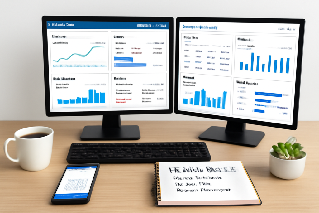 A clean, modern desk setup with dual monitors displaying accounting software, a smartphone with receipt-scanning app, and a notepad with handwritten business insights. Include a coffee cup and perhaps a small succulent plant.