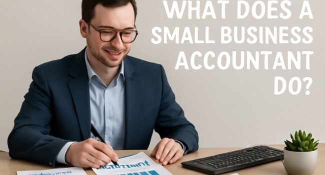 A professional accountant in a navy suit and light blue shirt reviews financial documents, including a "FINANCIAL REPORT" and pie charts, while smiling. The image includes the text overlay: "WHAT DOES A SMALL BUSINESS ACCOUNTANT DO?"